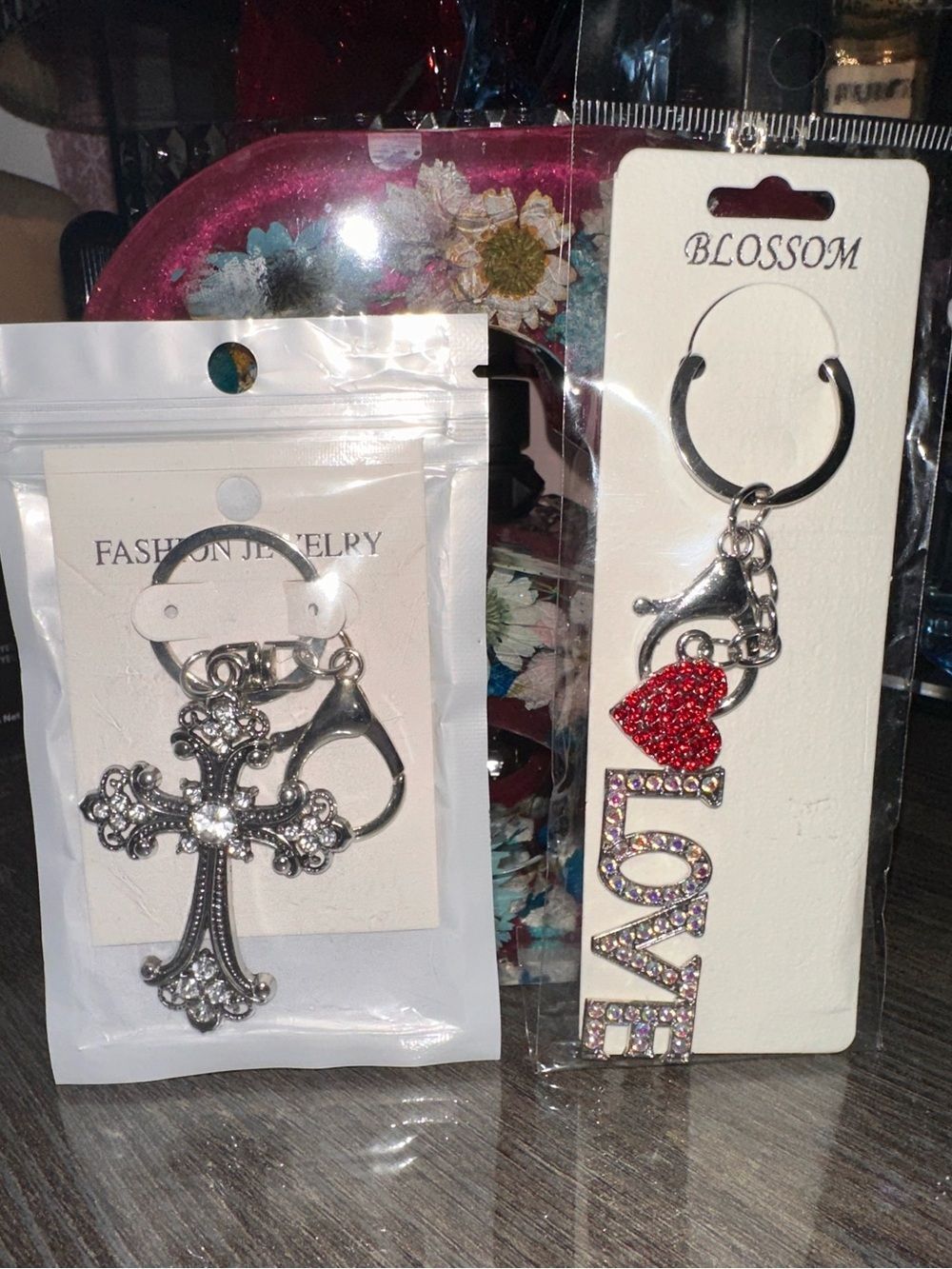 Rhinestone Cross & LOVE Keychain Duo